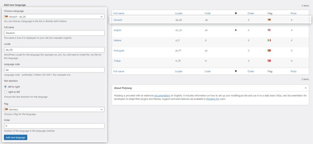 Polylang Adding New Language